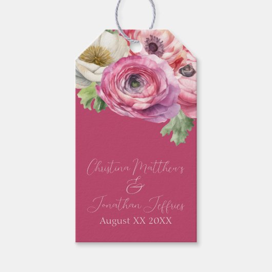 Romantische waterverf roze ranunculus op blozende  cadeaulabel (Voorkant)