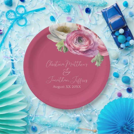 Romantische Waterverf Roze Ranunculus op Blush Papieren Bordje (Feest)