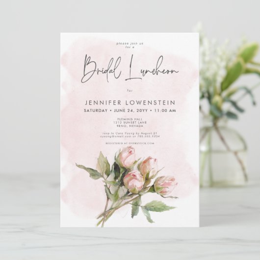 Romantische Waterverf Roze Rozen Bruids Luncheon Kaart (Staand voorkant)