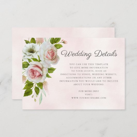 Romantische Waterverf Roze Rozen Bruiloft Details Informatiekaartje (Voorkant / Achterkant)