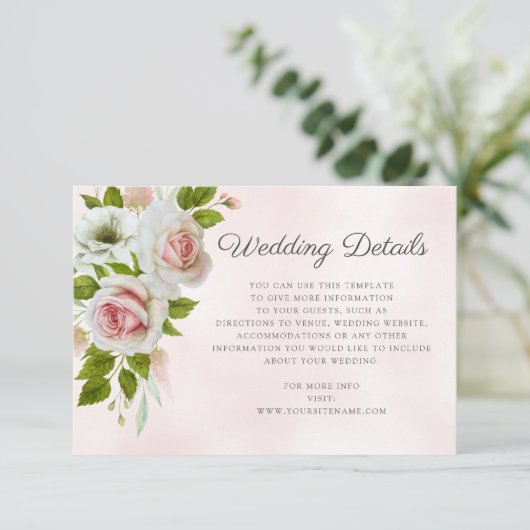 Romantische Waterverf Roze Rozen Bruiloft Details Informatiekaartje (Staand voorkant)