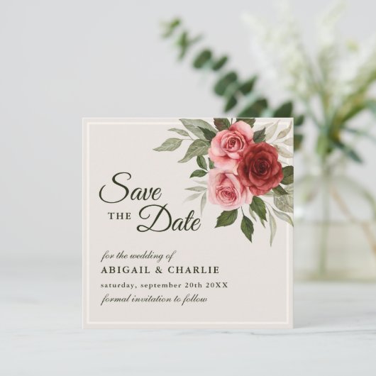 Romantische Waterverf Roze Rozen Elegante bruiloft Save The Date (Staand voorkant)