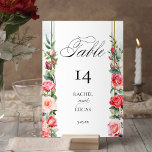 Romantische Waterverf Roze Rozen Kaart<br><div class="desc">Elegante zuilen van levendige roze en blush waterverf rozen en salie gebladerte grenzend aan een midden blanco label met dunne gradiënt gouden banden op een subtiele waterverf achtergrond. Bevat bewerkbare tekstvelden en een afbeelding van "Tabel" in een aangepast scriptlettertype (of verwijder en pas aan in de ontwerpeditor).</div>