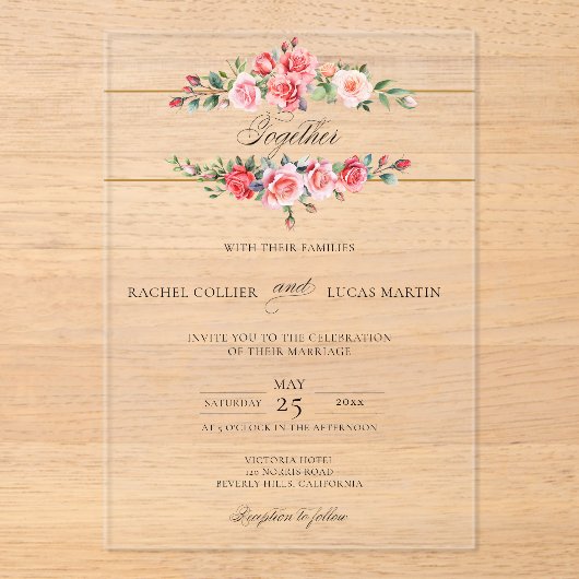 Romantische Waterverf Roze Rozen & Kalligrafie Acryl Uitnodigingen (Voorkant)