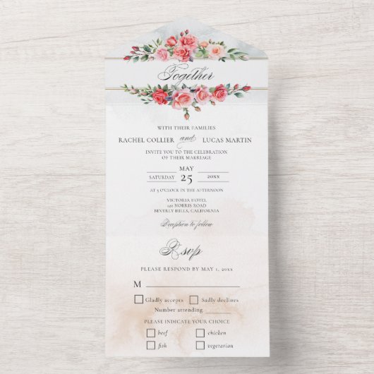 Romantische Waterverf Roze Rozen & Kalligrafie All In One Uitnodiging (Binnen)