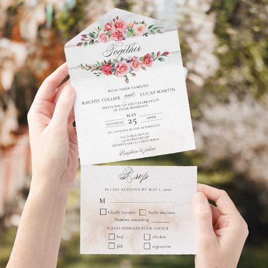 Romantische Waterverf Roze Rozen & Kalligrafie All In One Uitnodiging