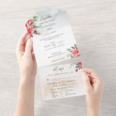 Romantische Waterverf Roze Rozen & Kalligrafie All In One Uitnodiging (Afscheurbaar)