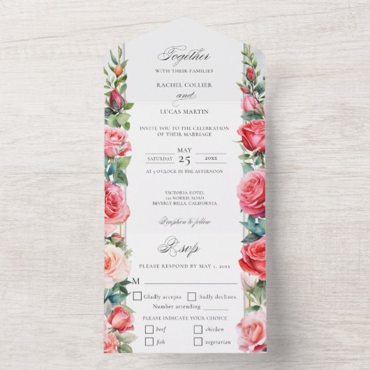 Romantische Waterverf Roze Rozen & Kalligrafie All In One Uitnodiging (Binnen)