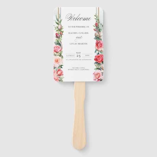 Romantische Waterverf Roze Rozen & Kalligrafie Handwaaier (Voorkant)