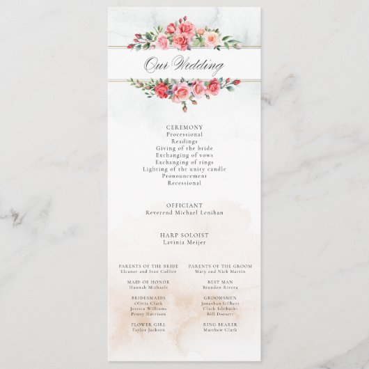 Romantische Waterverf Roze Rozen & Kalligrafie Programmakaart (Voorkant)