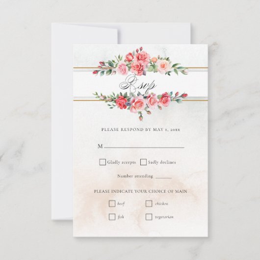 Romantische Waterverf Roze Rozen & Kalligrafie RSVP Kaartje (Voorkant)