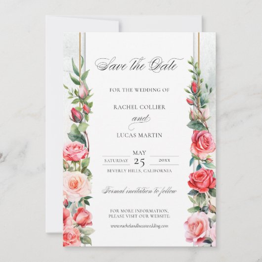 Romantische Waterverf Roze Rozen & Kalligrafie Save The Date (Voorkant)