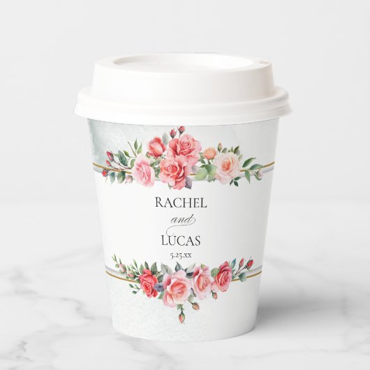 Romantische Waterverf Roze Rozen Papieren Bekers (Voorkant)
