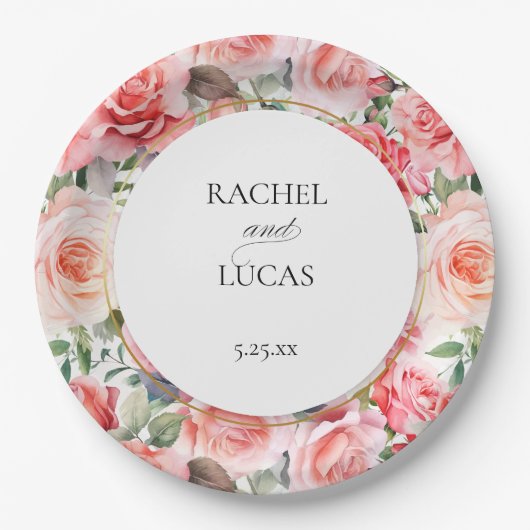 Romantische Waterverf Roze Rozen Papieren Bordje (Voorkant)