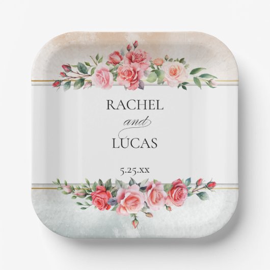 Romantische Waterverf Roze Rozen Papieren Bordje (Voorkant)