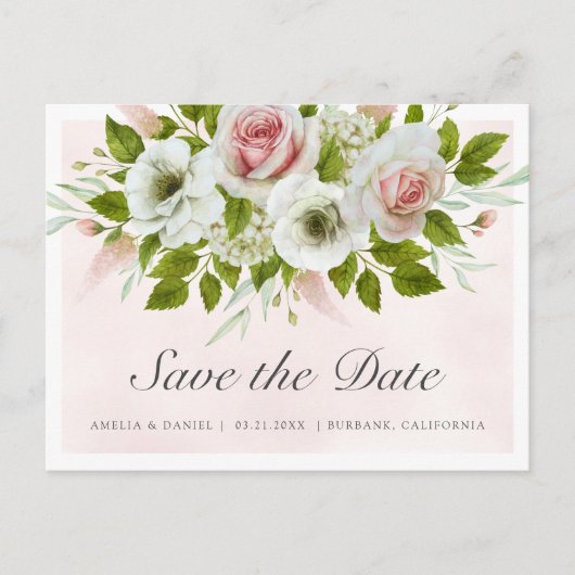 Romantische Waterverf Roze Rozen Save The Date Aankondigingskaart (Voorkant)