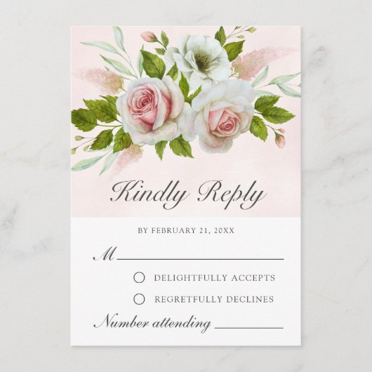 Romantische Waterverf Roze witte rozen RSVP-kaart Advieskaart (Voorkant)