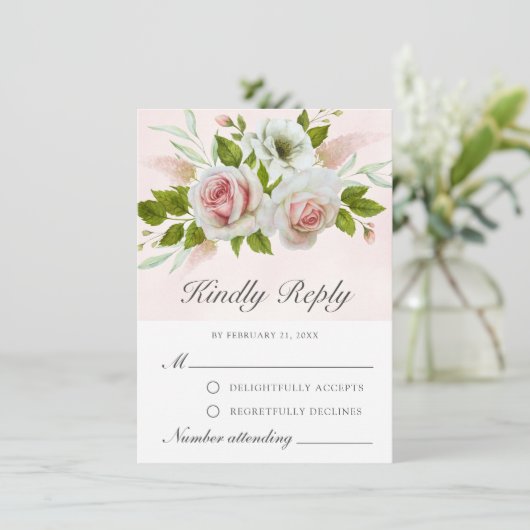 Romantische Waterverf Roze witte rozen RSVP-kaart Advieskaart (Staand voorkant)
