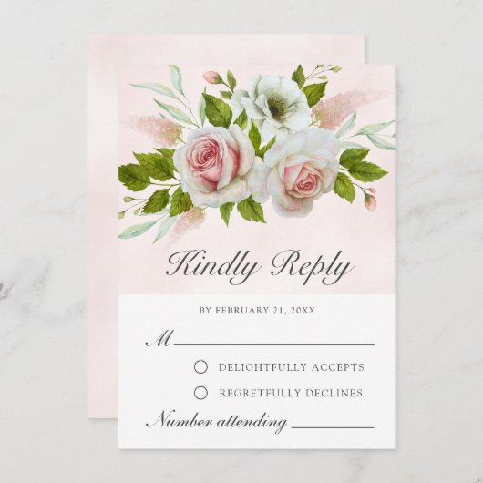 Romantische Waterverf Roze witte rozen RSVP-kaart Advieskaart (Voorkant / Achterkant)