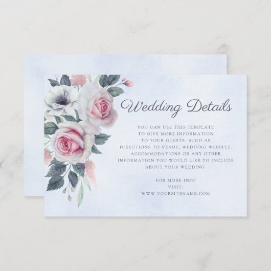 Romantische Waterverf Rozen Blauwe bruiloft Informatiekaartje (Voorkant / Achterkant)