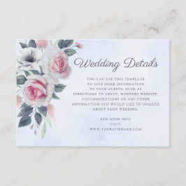 Romantische Waterverf Rozen Blauwe bruiloft Informatiekaartje