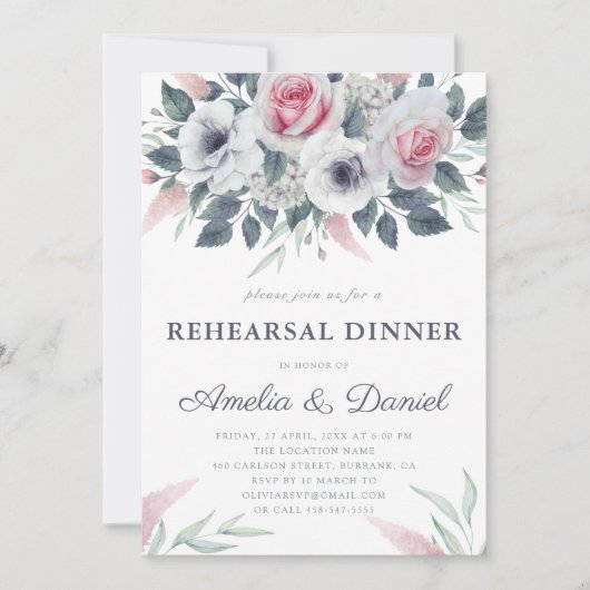 Romantische Waterverf Rozen Blue Rehearsal Dinner Kaart (Voorkant)