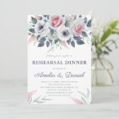 Romantische Waterverf Rozen Blue Rehearsal Dinner Kaart (Staand voorkant)