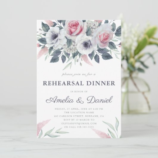 Romantische Waterverf Rozen Blue Rehearsal Dinner Kaart (Staand voorkant)