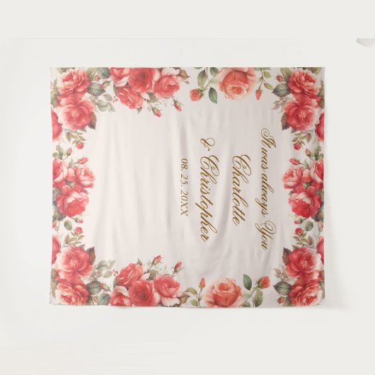 Romantische Waterverf Rozen bruiloft foto achtergr Wandkleed (Voorkant (horizontaal))