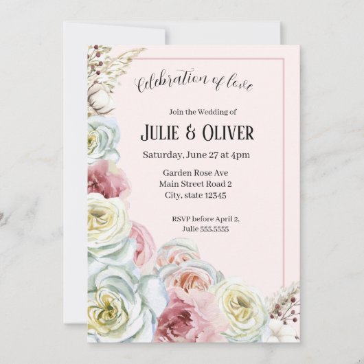 Romantische Waterverf rozen bruiloft Kaart (Voorkant)