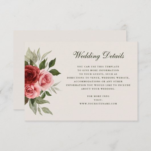 Romantische Waterverf Rozen Elegante bruiloft Deta Informatiekaartje (Voorkant / Achterkant)