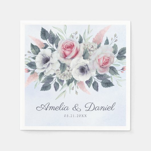Romantische Waterverf Rozen Floral Blue Wedding Servet (Voorkant)