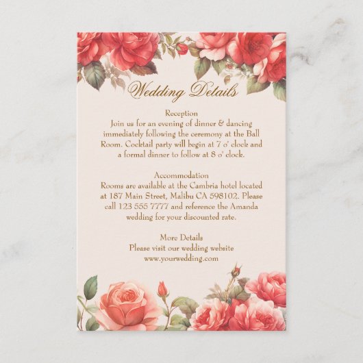 Romantische Waterverf Rozen Floral Wedding Details Informatiekaartje (Voorkant)