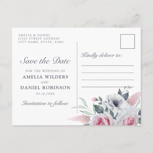 Romantische Waterverf Rozen Licht Blauw sparen de  Aankondigingskaart (Achterkant)