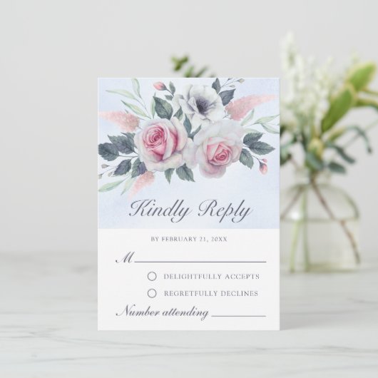 Romantische Waterverf Rozen Light Blue RSVP-kaart Advieskaart (Staand voorkant)