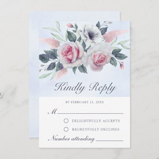Romantische Waterverf Rozen Light Blue RSVP-kaart Advieskaart (Voorkant / Achterkant)