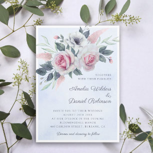 Romantische Waterverf Rozen Light Blue Wedding Kaart