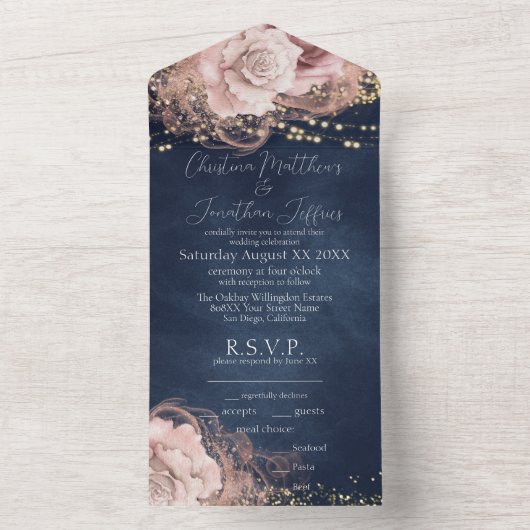 Romantische Waterverf Rozen op de Donkere marine All In One Uitnodiging (Binnen)