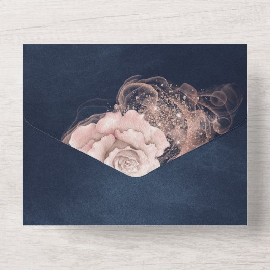 Romantische Waterverf Rozen op de Donkere marine All In One Uitnodiging (Achterkant)