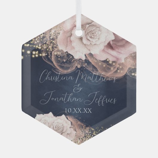 Romantische Waterverf Rozen op het marinesblauwe h Glas Ornament (Voorkant)