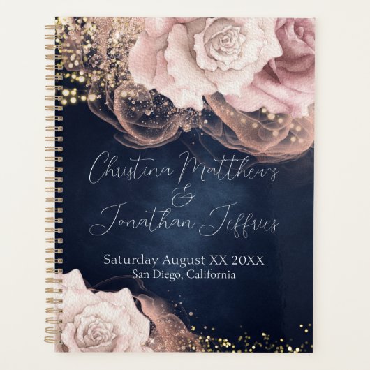 Romantische Waterverf Rozen op Moody Blue Wedding Planner (Voorkant)