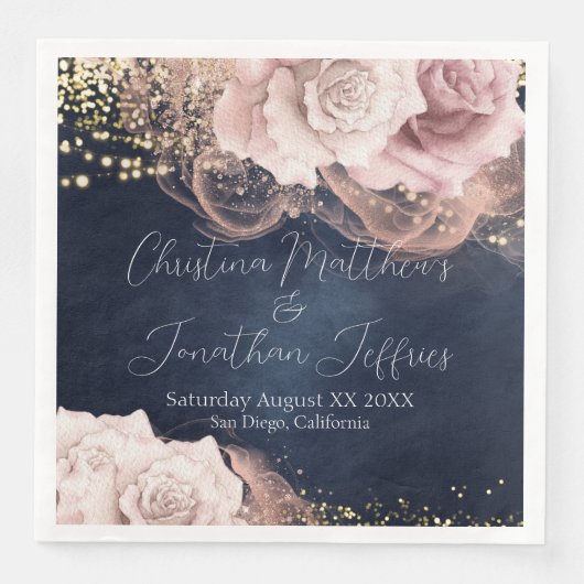 Romantische Waterverf Rozen op Moody Blue Wedding Servet (Voorkant)