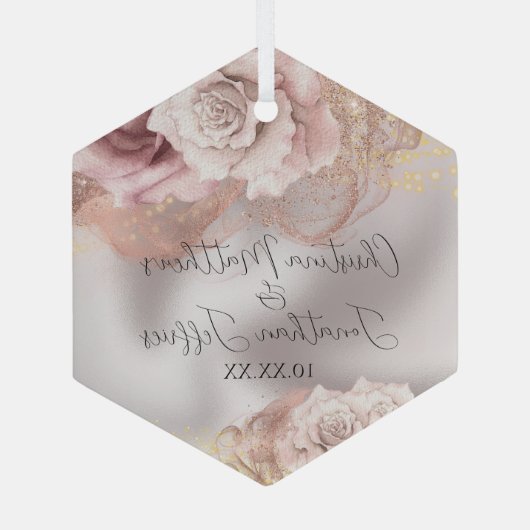 Romantische Waterverf Rozen op parelbruiloft Glas Ornament (Achterkant)