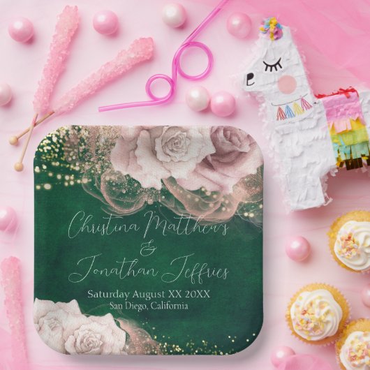 Romantische Waterverf Rozen over Emerald Green Wed Papieren Bordje (Feest)