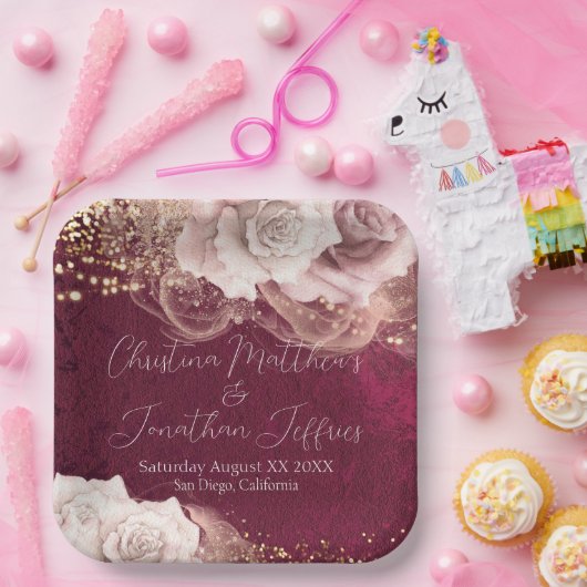 Romantische Waterverf Rozen over het huwelijk met  Papieren Bordje (Feest)