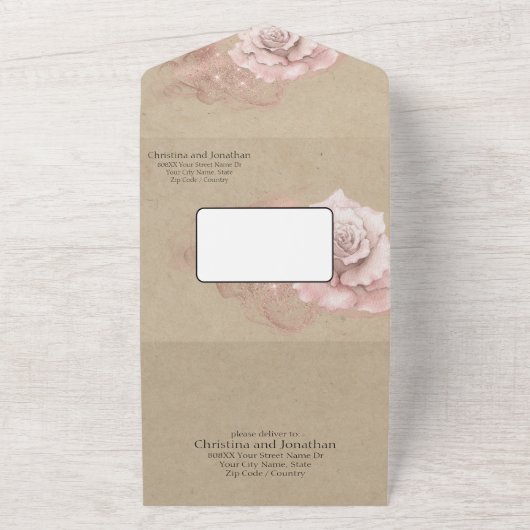 Romantische Waterverf Rozen Rustic Glam Wedding All In One Uitnodiging (Buitenkant)