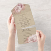 Romantische Waterverf Rozen Rustic Glam Wedding All In One Uitnodiging (Afscheurbaar)