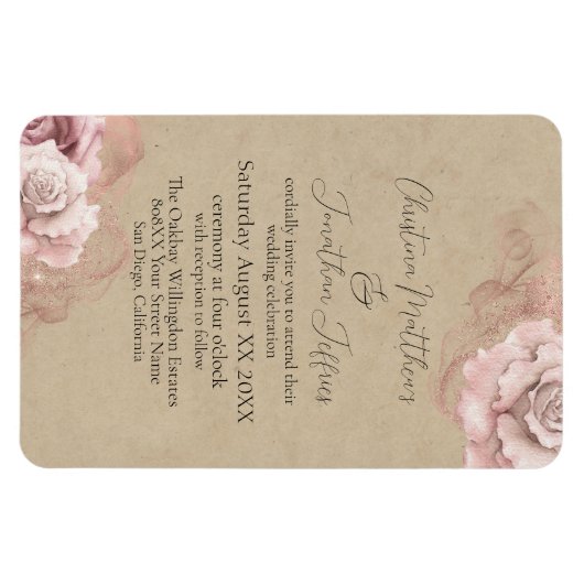 Romantische Waterverf Rozen Rustic Glam Wedding Magneet (Horizontaal)