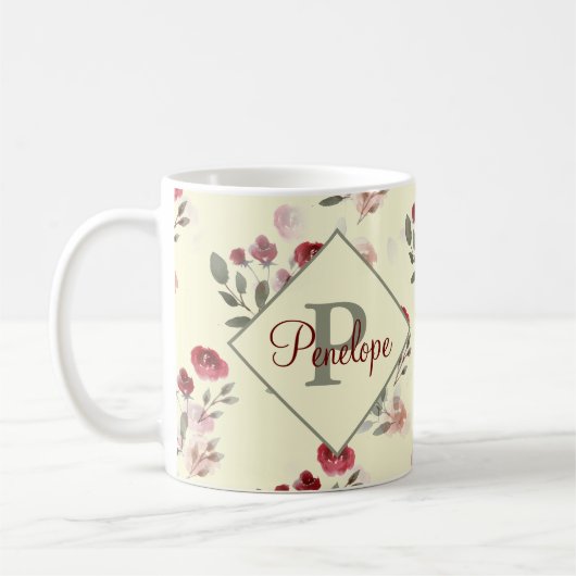 Romantische Waterverf Rozen Vintage Patroonmonogra Koffiemok (Links)