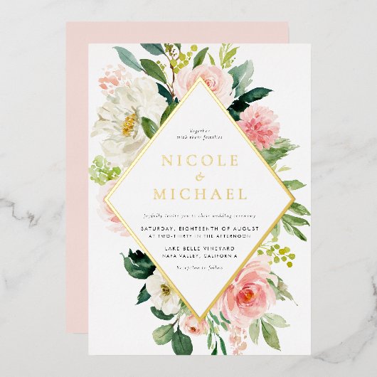 Romantische Waterverf Tuin Bloemen bruiloft Folie Uitnodiging (Voorkant / Achterkant)